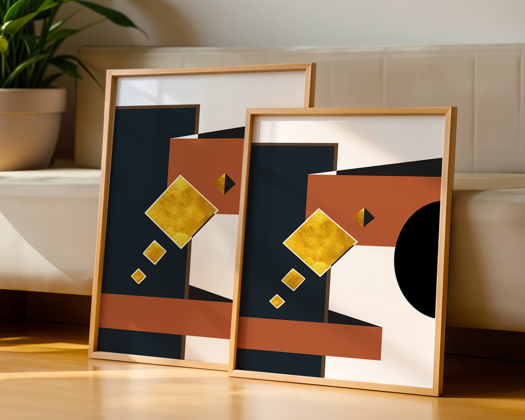 Abstract geometric art with gold accents and bold colors - Mi tienda