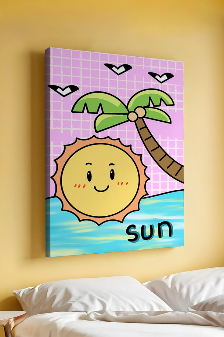 Cartoon sun with palm tree and ocean scene