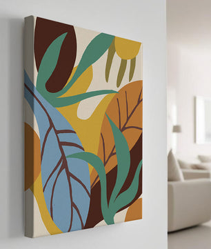 Abstract botanical design with colorful leaves and organic shapes