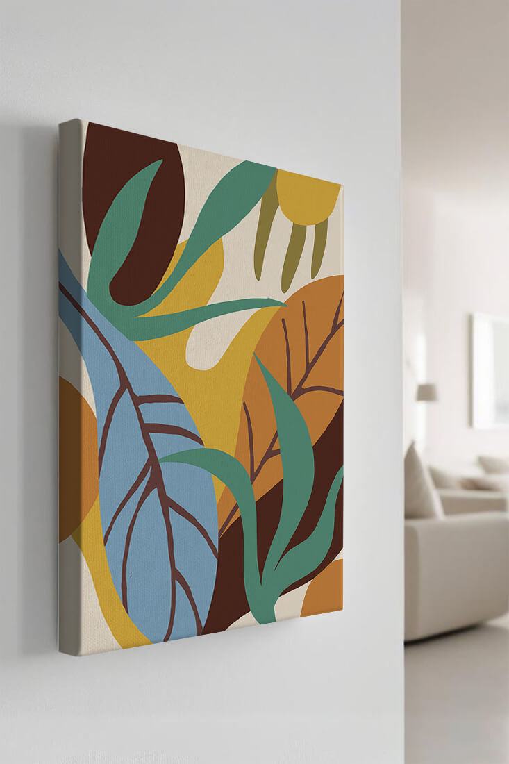 Abstract botanical design with colorful leaves and organic shapes