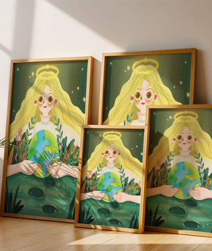 Illustration de la nature paisible avec une figure céleste tenant la Terre