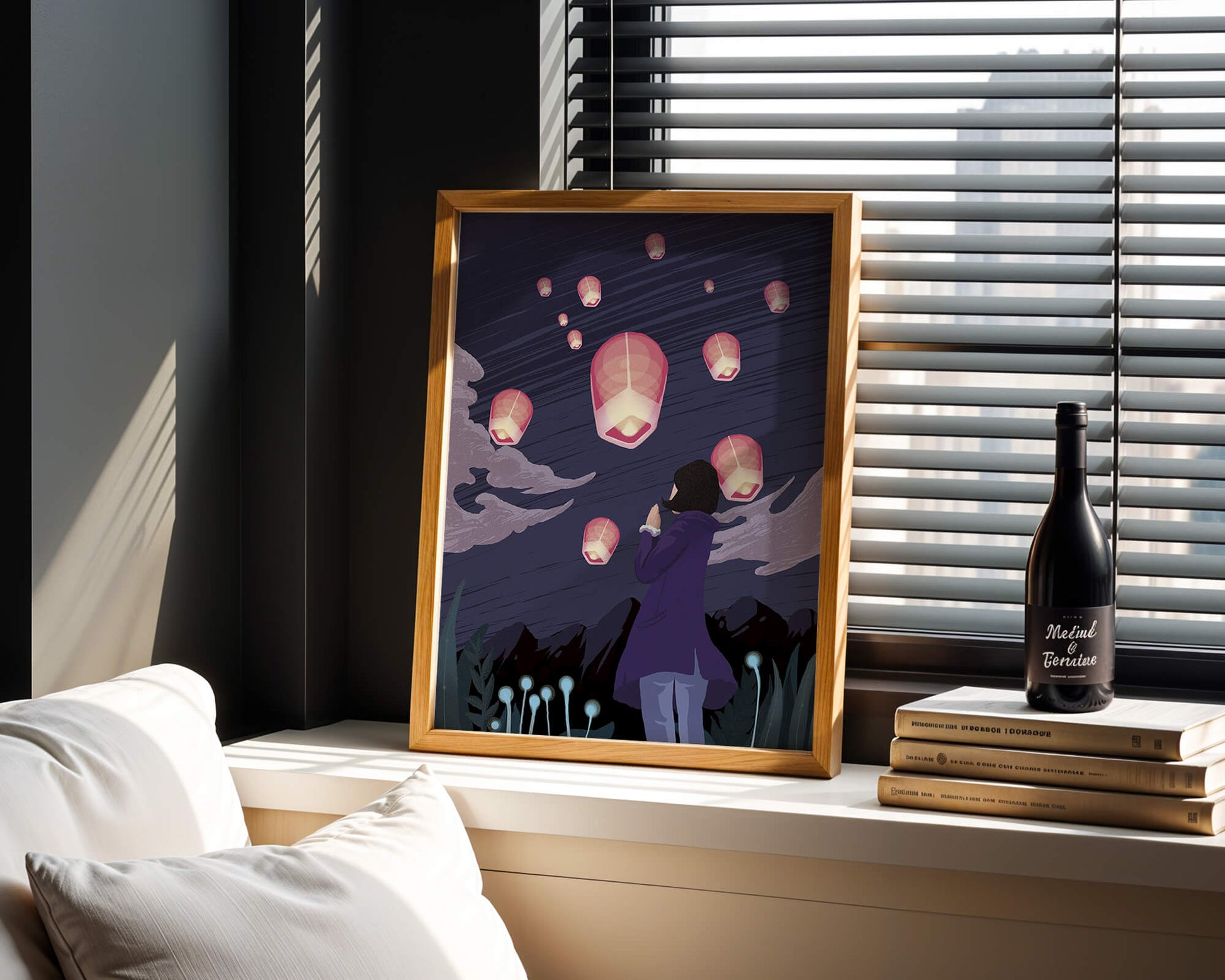 Girl Watching Pink Lanterns Soaring into the Night Sky