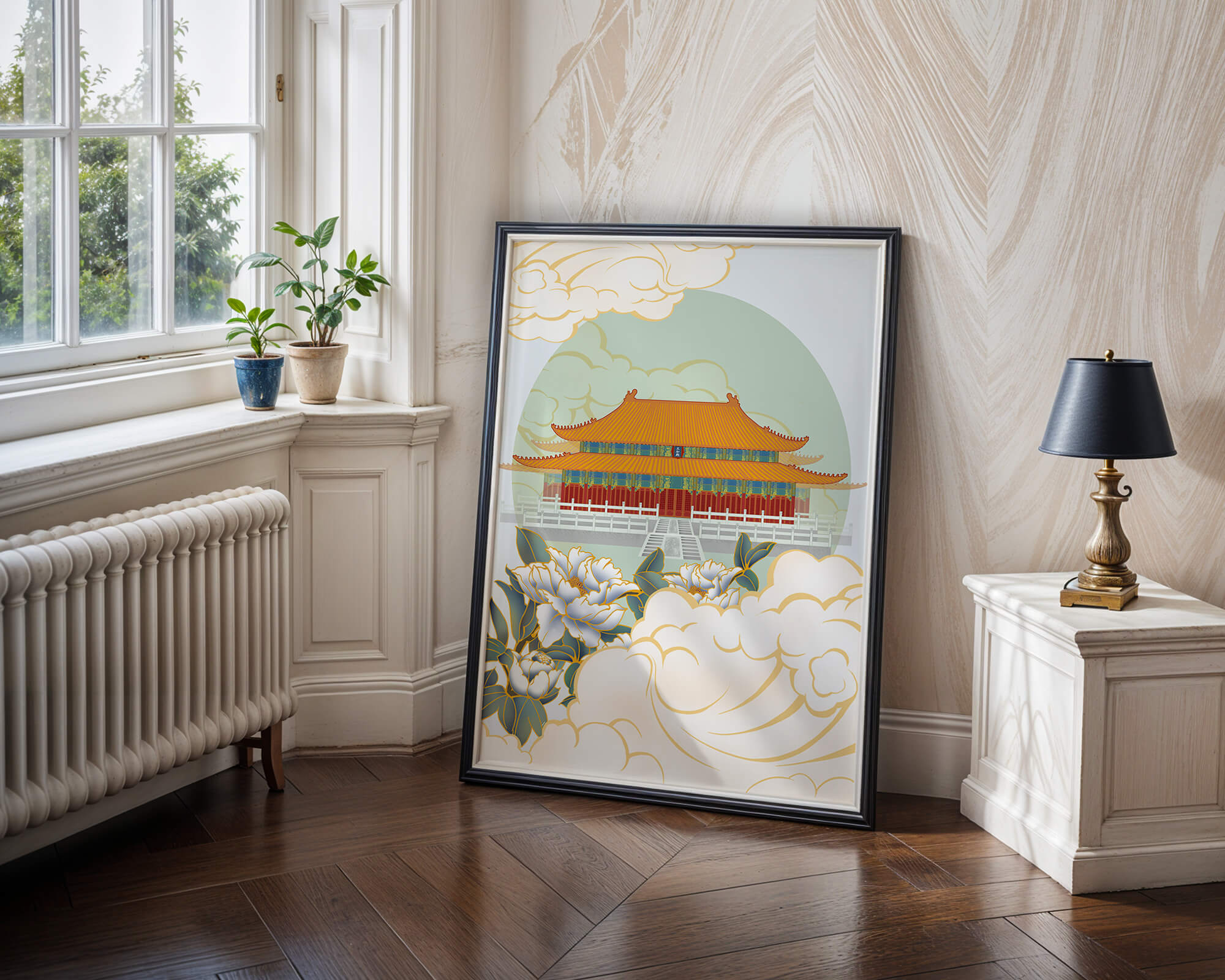 Traditional Asian palace illustration with floral and cloud motifs