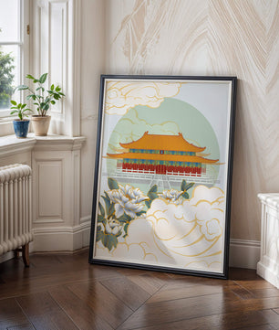 Traditional Asian palace illustration with floral and cloud motifs