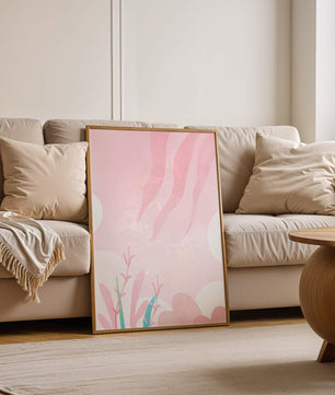 Diseño floral abstracto en rosa suave con hojas estilizadas y ondas