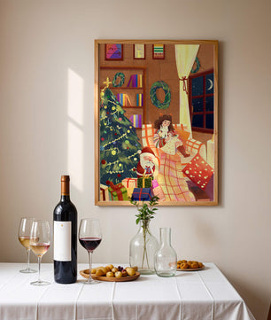 Cozy Christmas scene with tree, gifts, and a child by the window