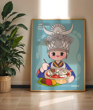 Charming illustration of a person in traditional attire enjoying a meal