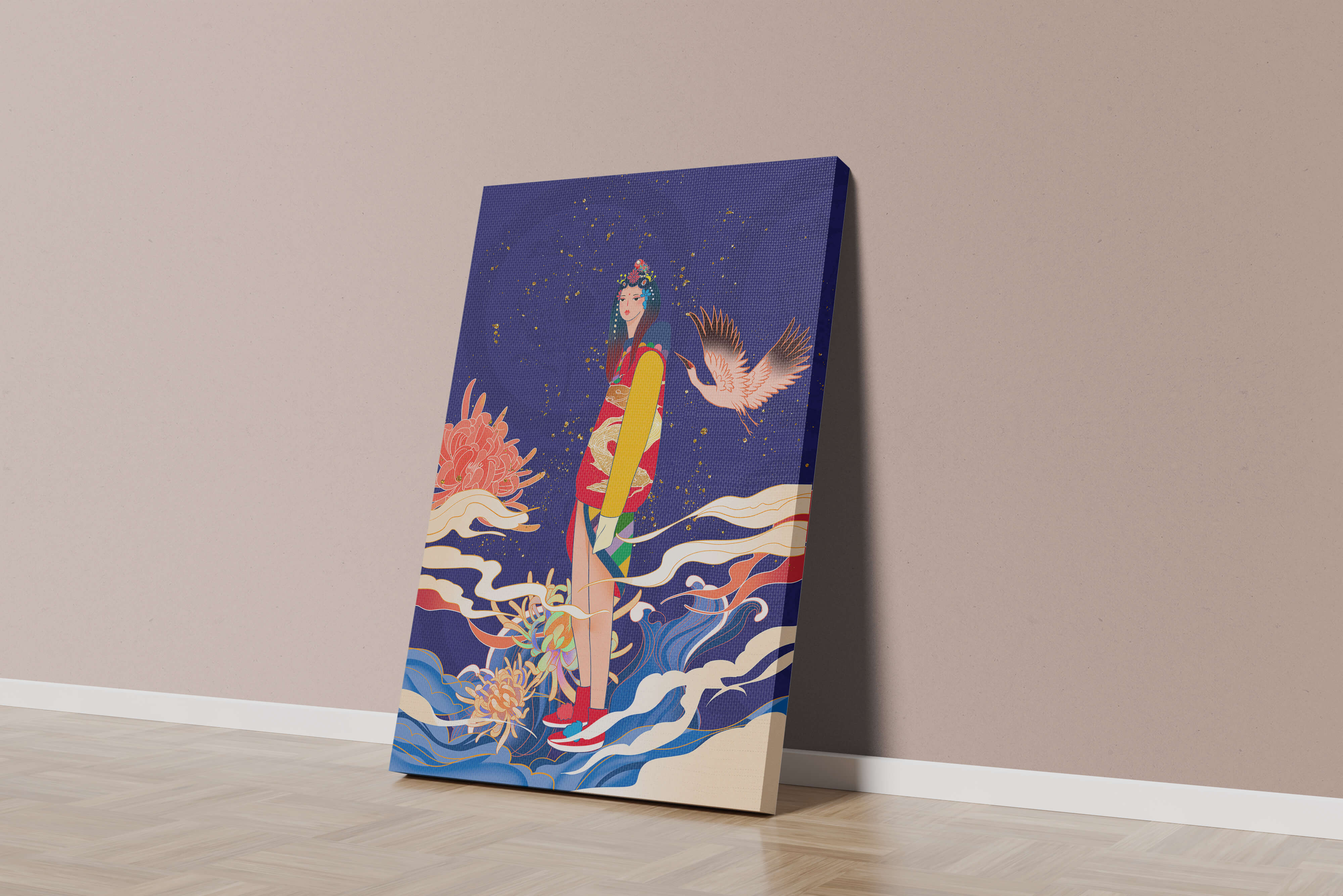 Elegant fusion of traditional and modern art with floral and avian elements