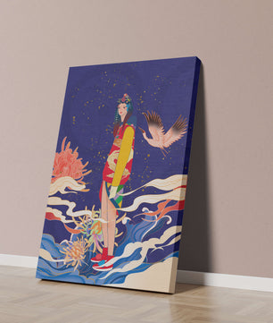 Fusion élégante d’art traditionnel et moderne avec des éléments floraux et aviaires