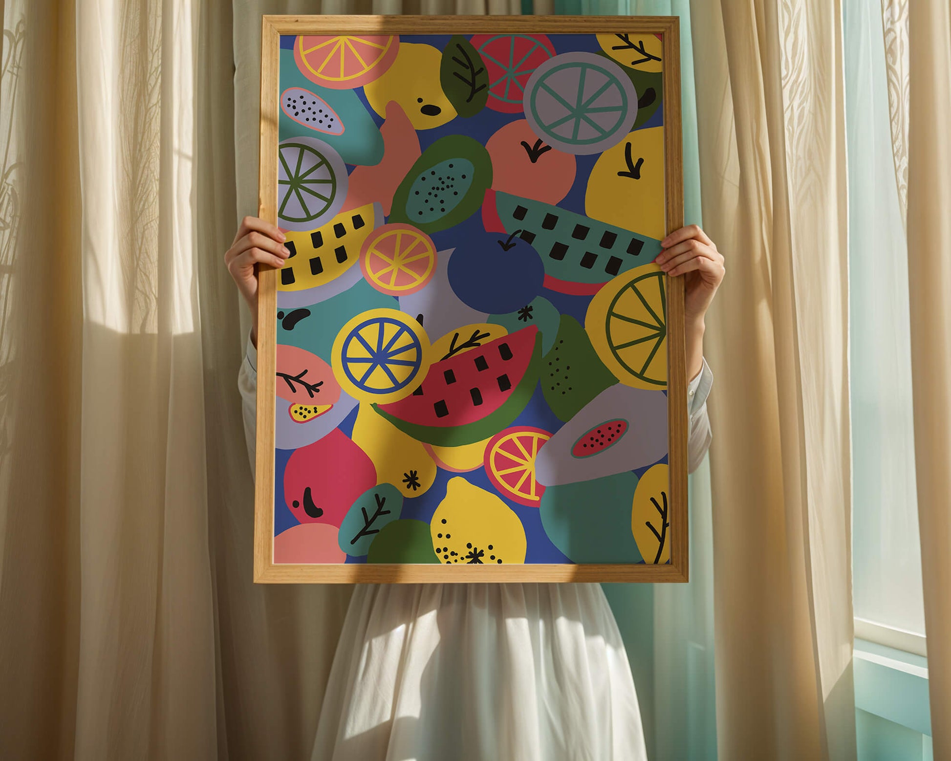 Patrón abstracto de frutas vibrantes con cítricos y melones sobre fondo azul