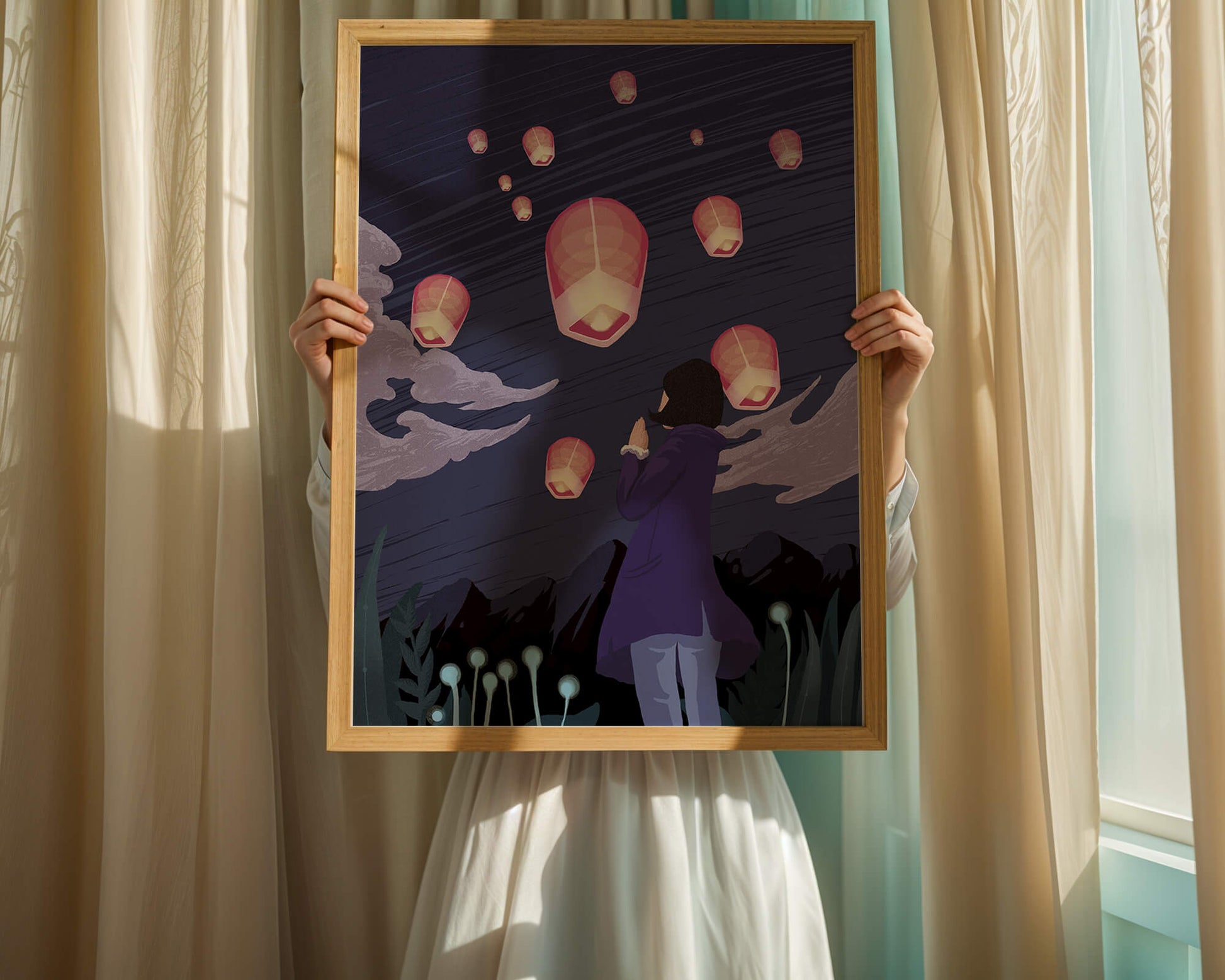 Girl Watching Pink Lanterns Soaring into the Night Sky