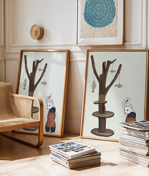 Illustration of a cat tree with a thoughtful cat in a sweater
