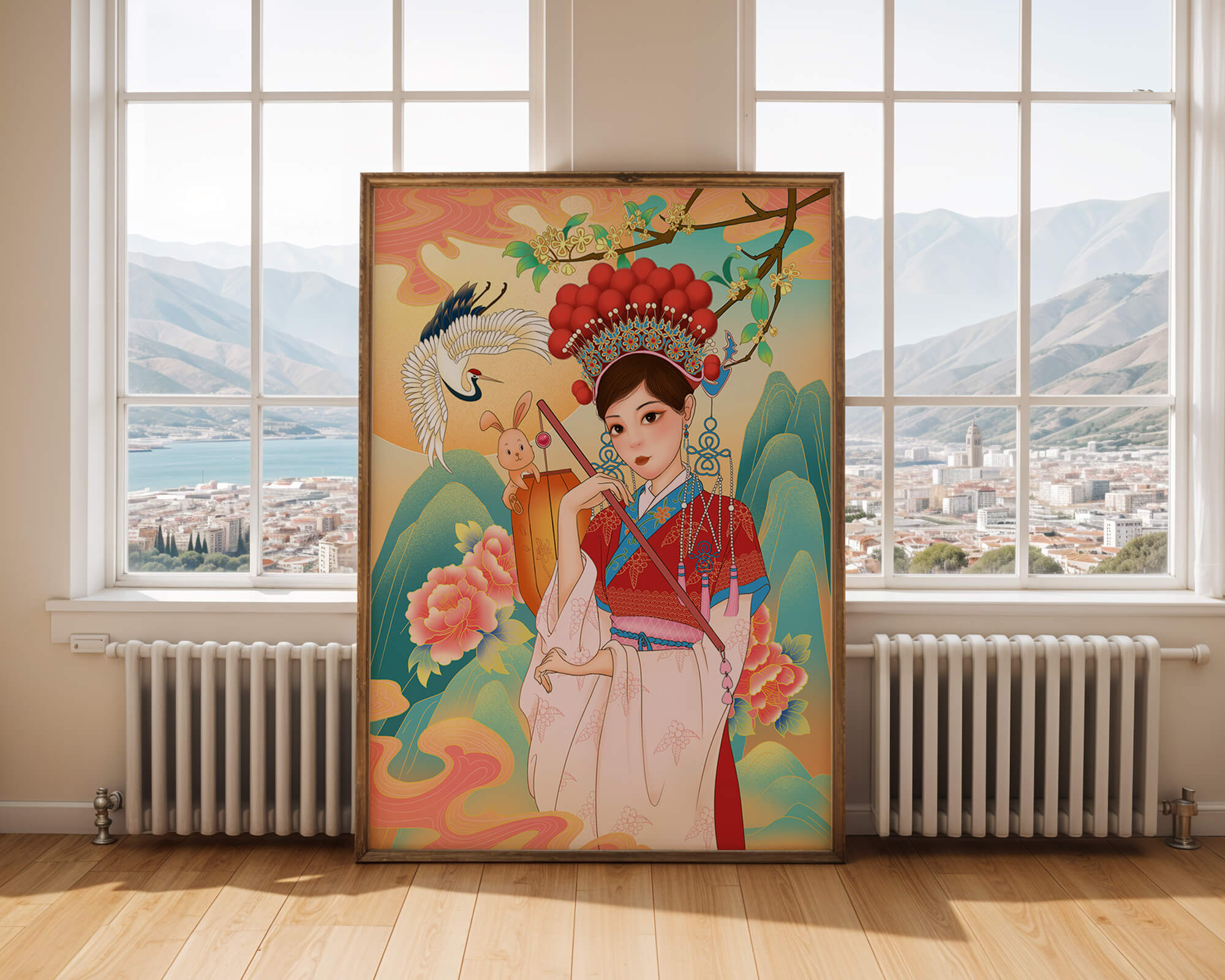 Elegant traditional Chinese illustration featuring a woman in vibrant attire with floral and animal motifs