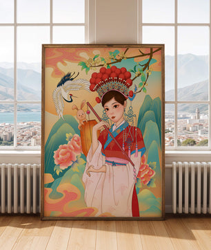 Elegante traditionelle chinesische Illustration mit einer Frau in lebendiger Kleidung mit Blumen- und Tiermotiven