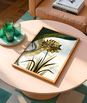 Golden flower artwork with abstract background for contemporary decor