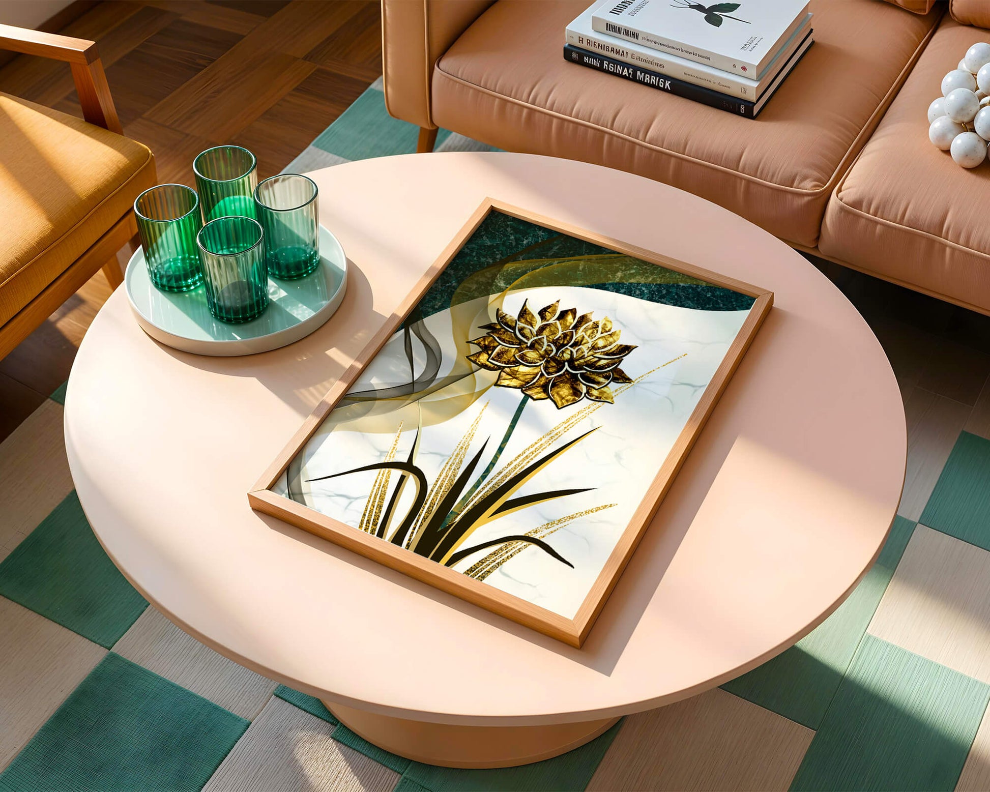Golden flower artwork with abstract background for contemporary decor