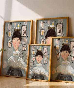 Retrato ilustrado caprichoso con elementos musicales y dorados