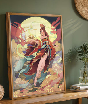 An enchanting depiction of a celestial figure with a mystical rabbit and vibrant attire