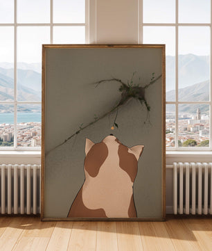 Chat observant une fleur poussant sur un mur fissuré
