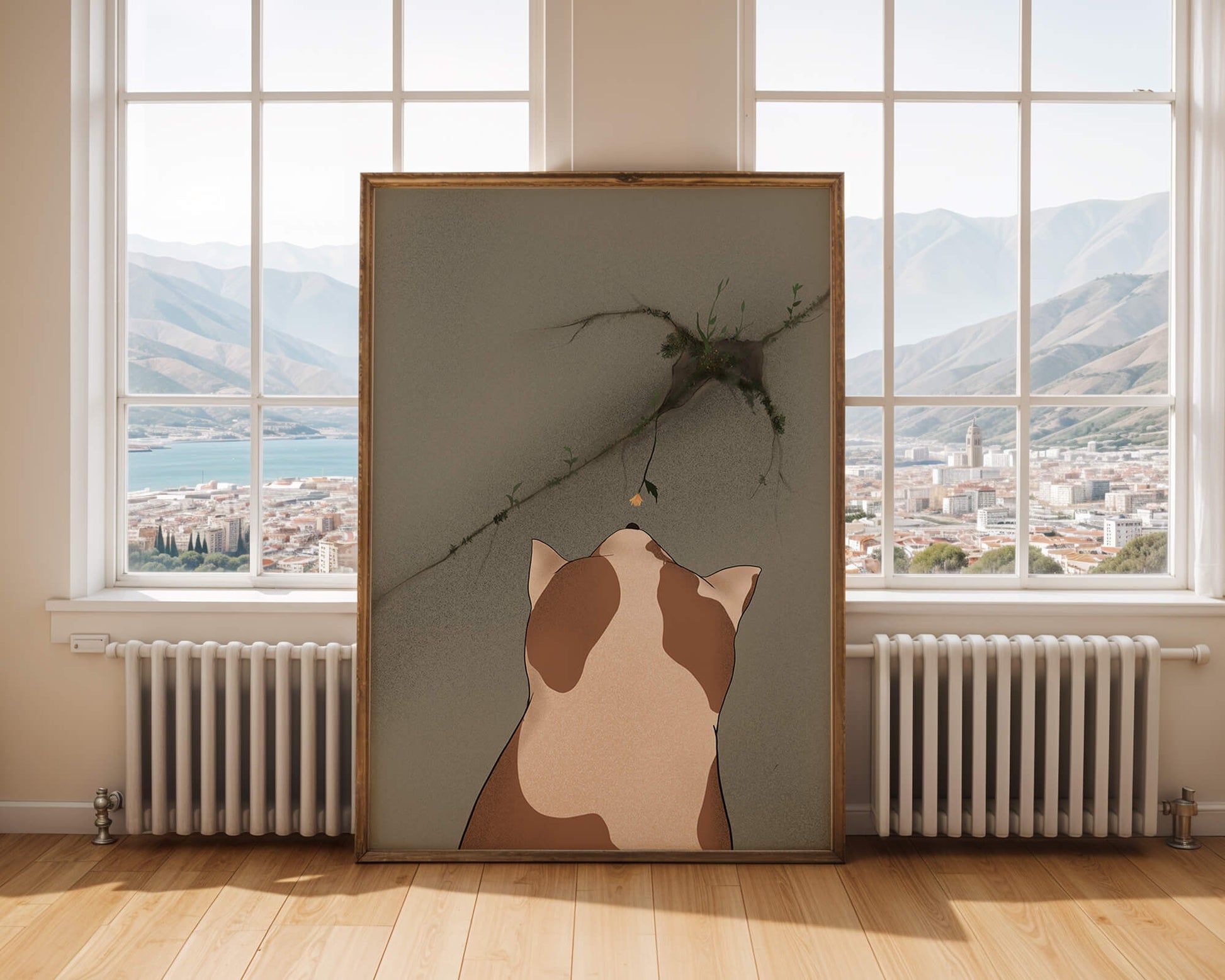 Chat observant une fleur poussant sur un mur fissuré