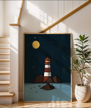 Escena nocturna tranquila con faro y estrellas que reflejan serenidad