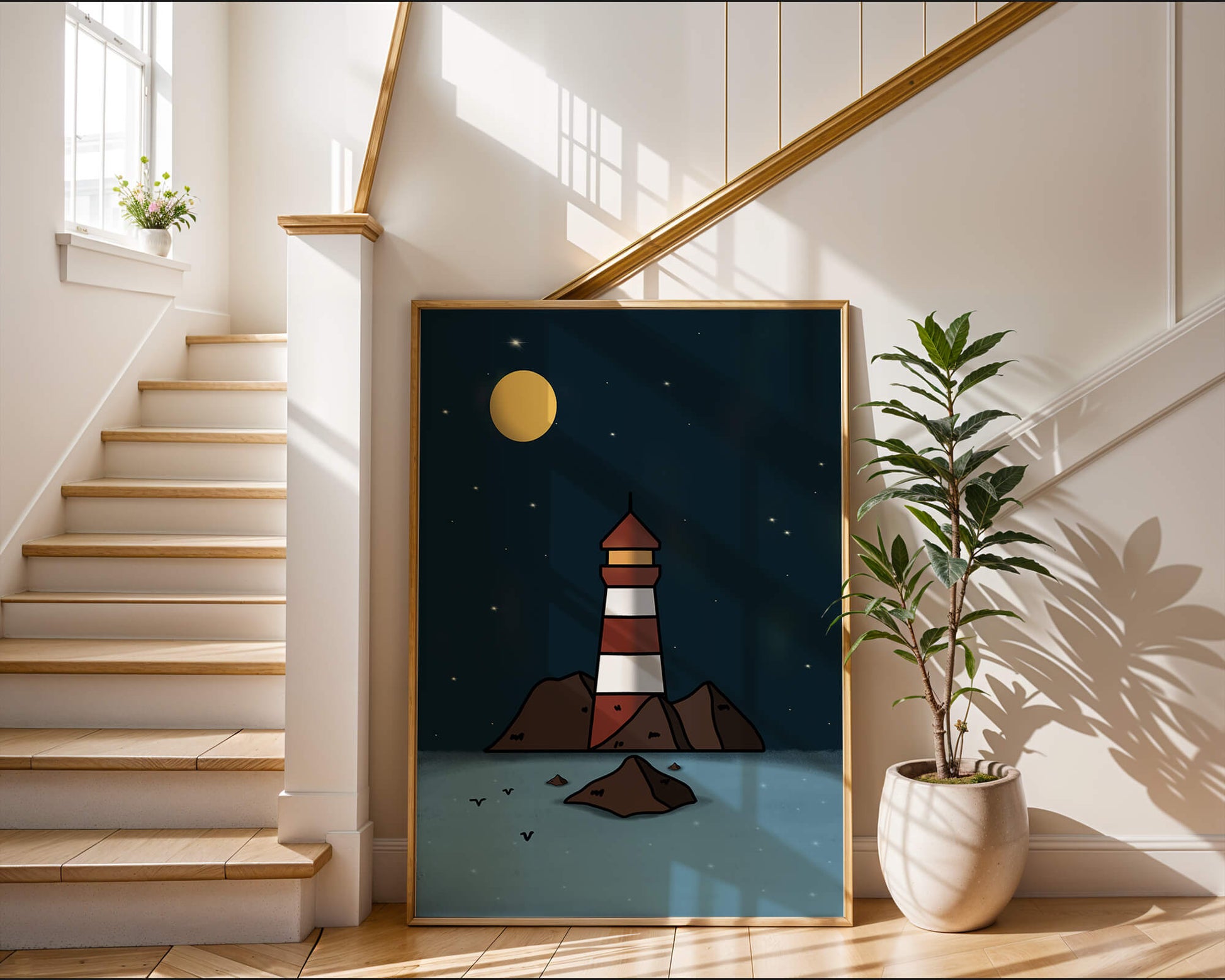 Escena nocturna tranquila con faro y estrellas que reflejan serenidad.