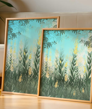 Serene Garden with Tall Green Leaves and Yellow Flowers Under Blue Sky