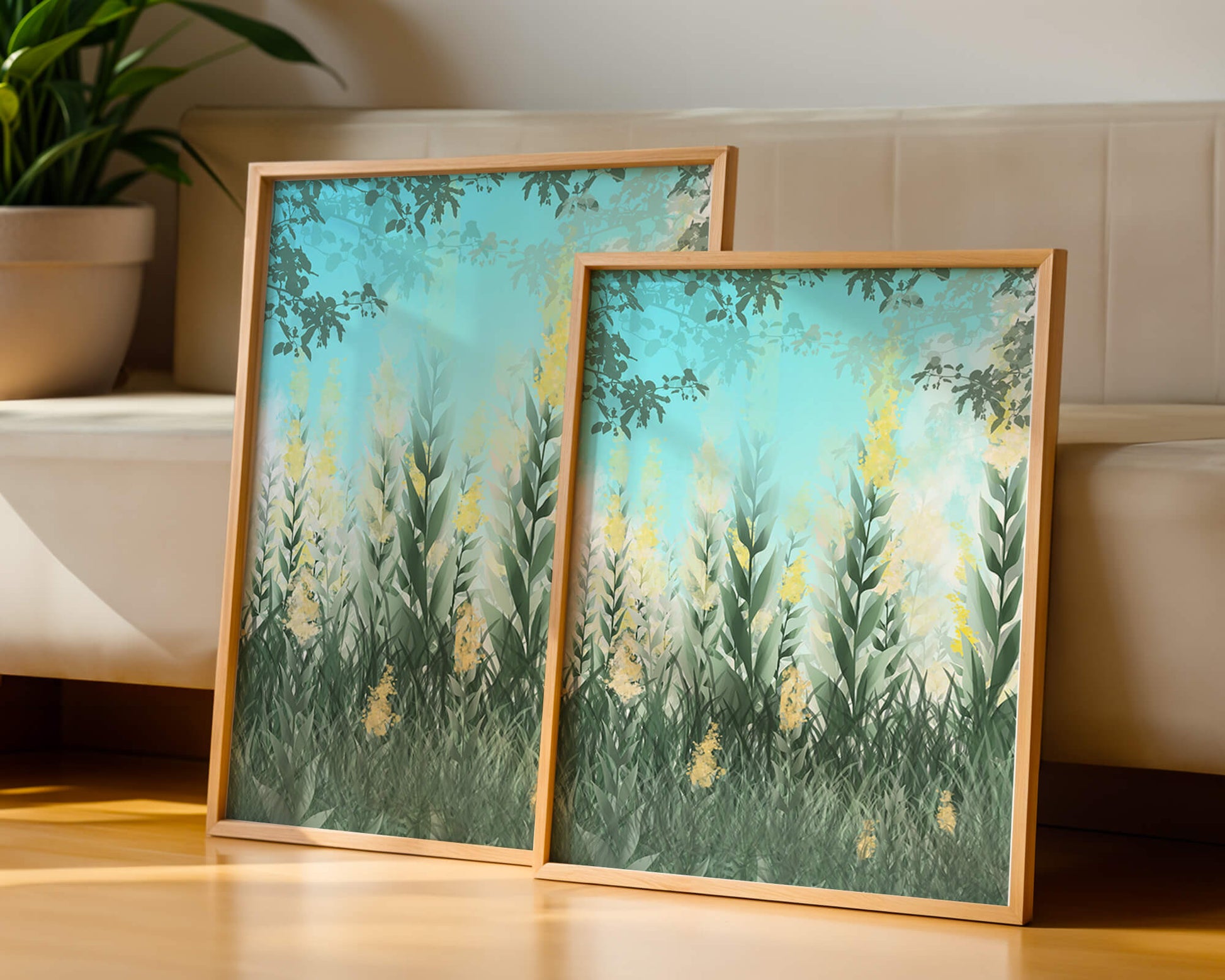 Jardín sereno con hojas verdes altas y flores amarillas bajo el cielo azul