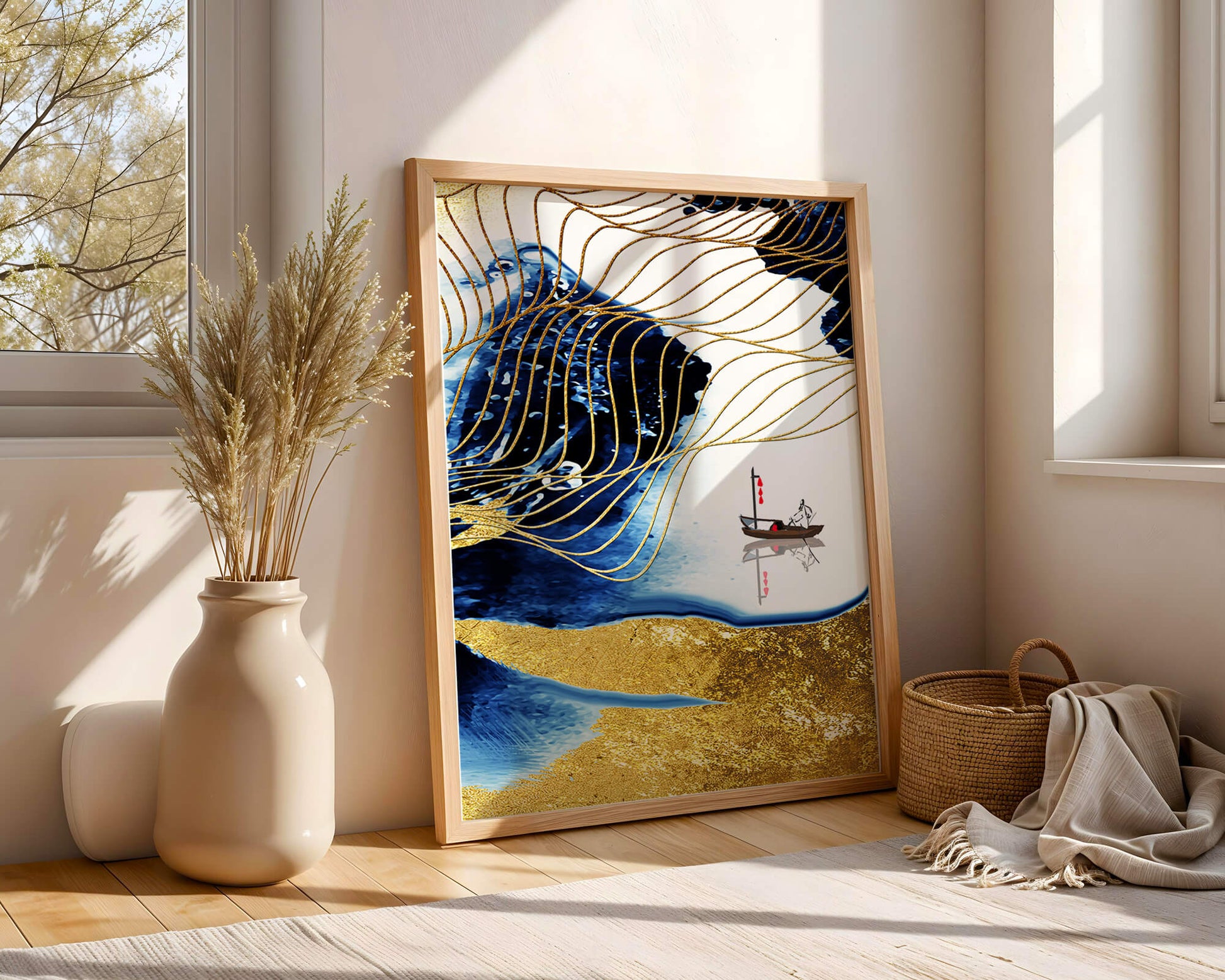 Paisaje abstracto con olas doradas y un barco solitario sobre fondo azul y blanco.