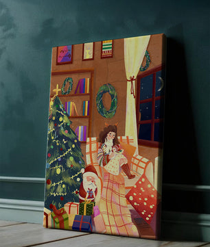 Cozy Christmas scene with tree, gifts, and a child by the window