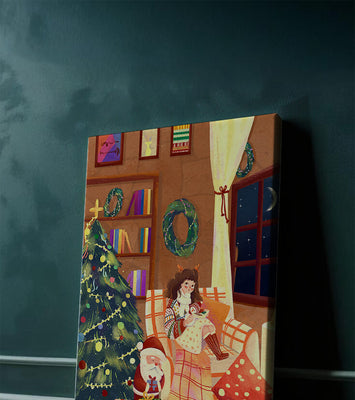 Cozy Christmas scene with tree, gifts, and a child by the window
