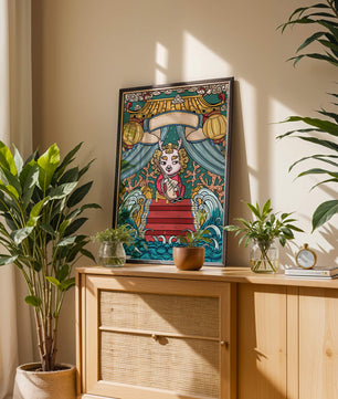 Illustration of a whimsical animal playing a stringed instrument in a fantastical setting