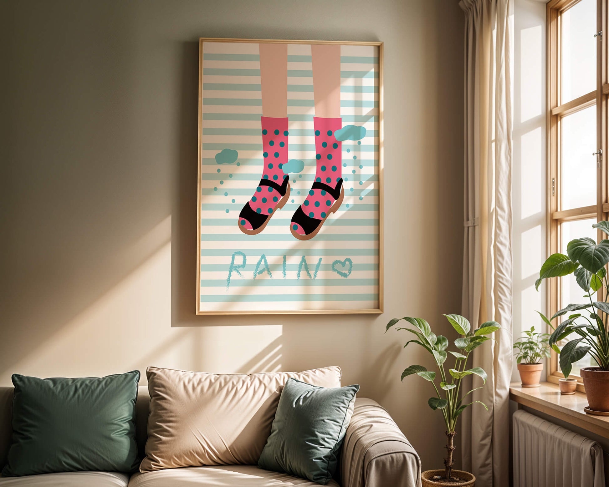 Illustration of polka dot socks and sandals on a striped background