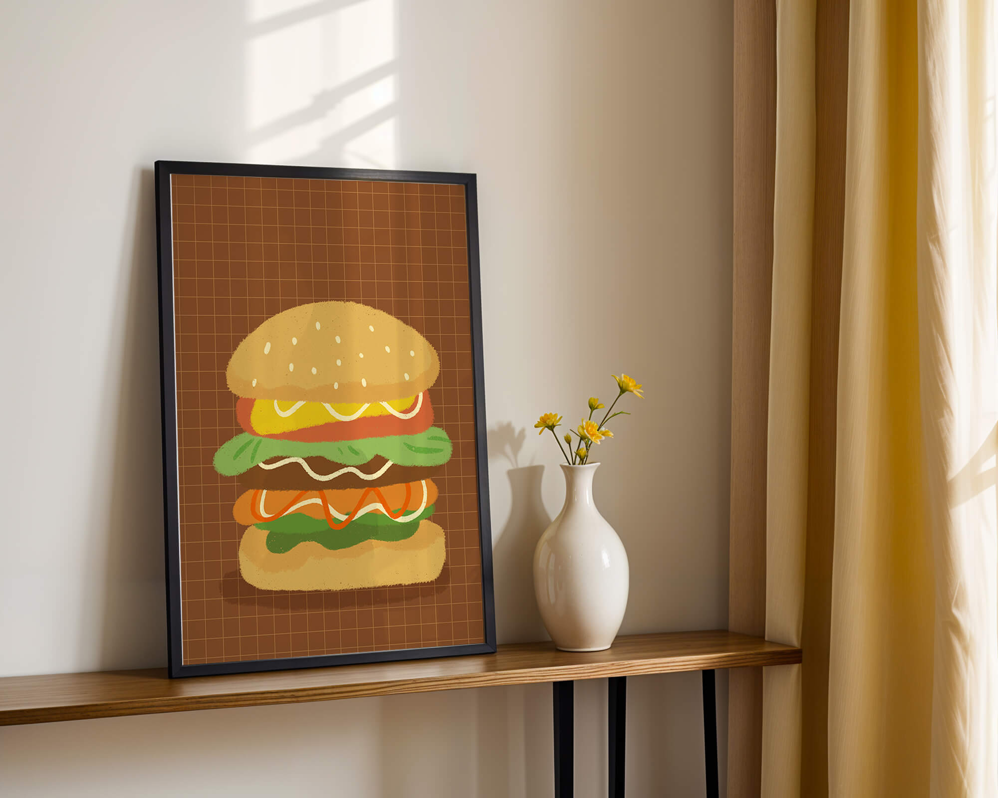 Illustrated cheeseburger with colorful layers on a grid background