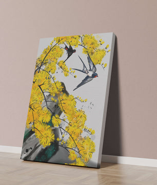Representación artística de golondrinas entre flores amarillas vibrantes