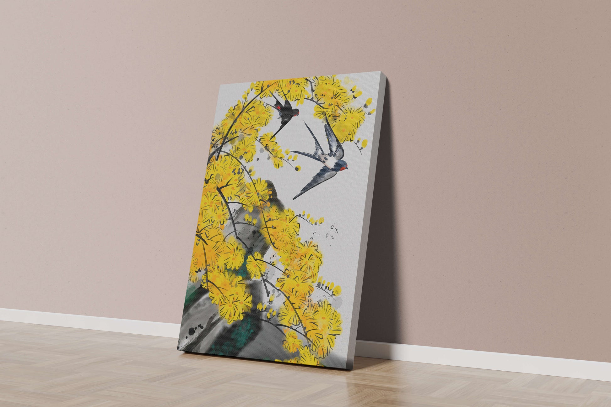 Artistic depiction of swallows amid vibrant yellow blossoms