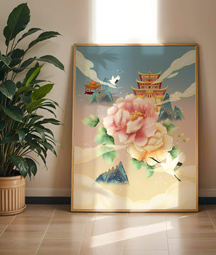 Elegant Asian Landscape With Pagoda, Cranes, and Peonies