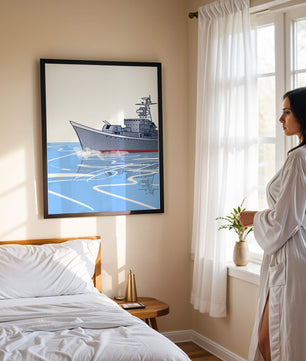 Illustrative depiction of a warship sailing on calm waters