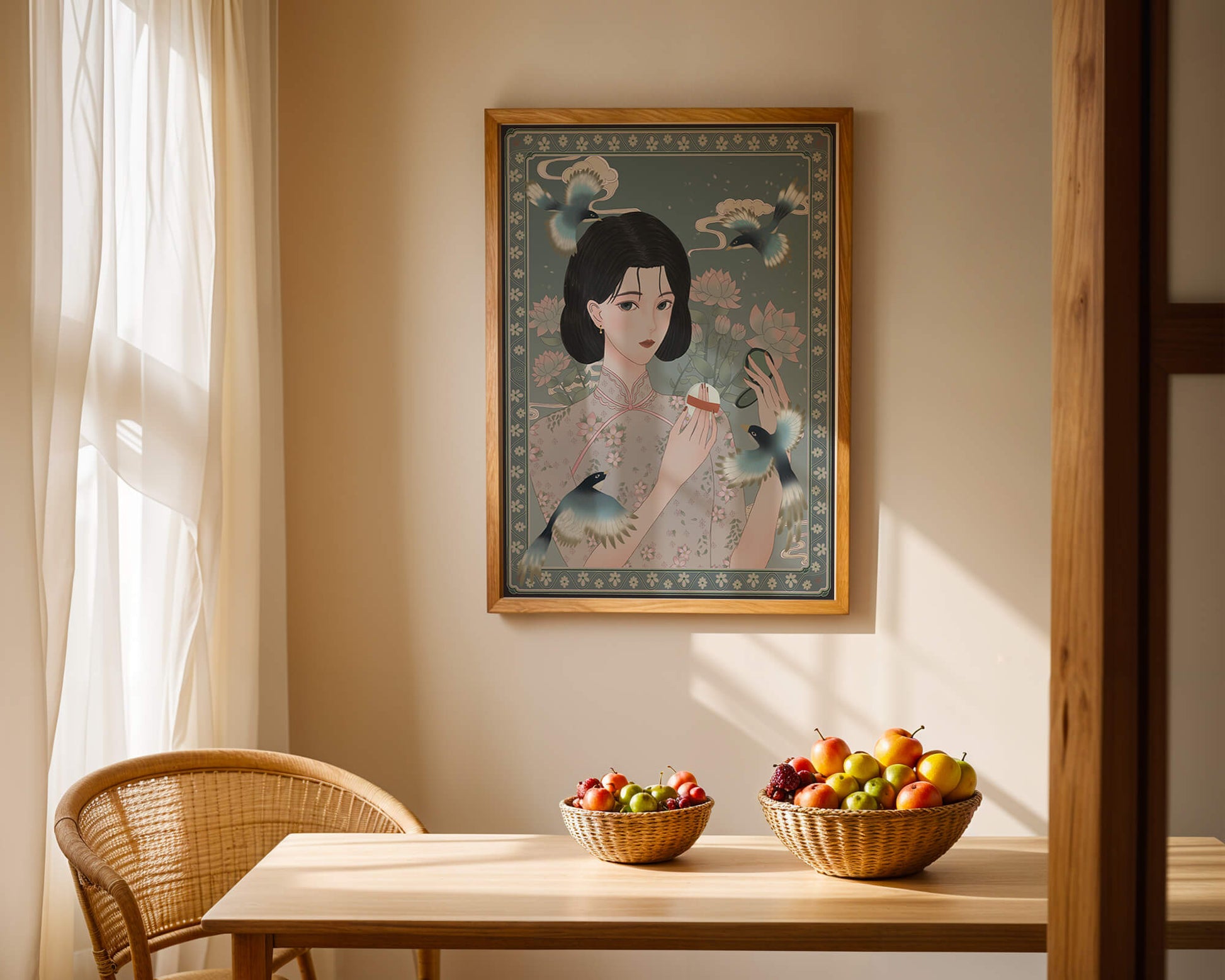 Elegant woman in floral kimono surrounded by birds and lotus flowers