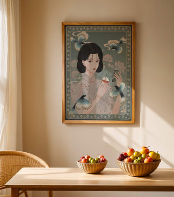 Elegant woman in floral kimono surrounded by birds and lotus flowers