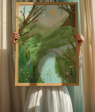 Serene Landscape with Birds and River under Sunny Sky