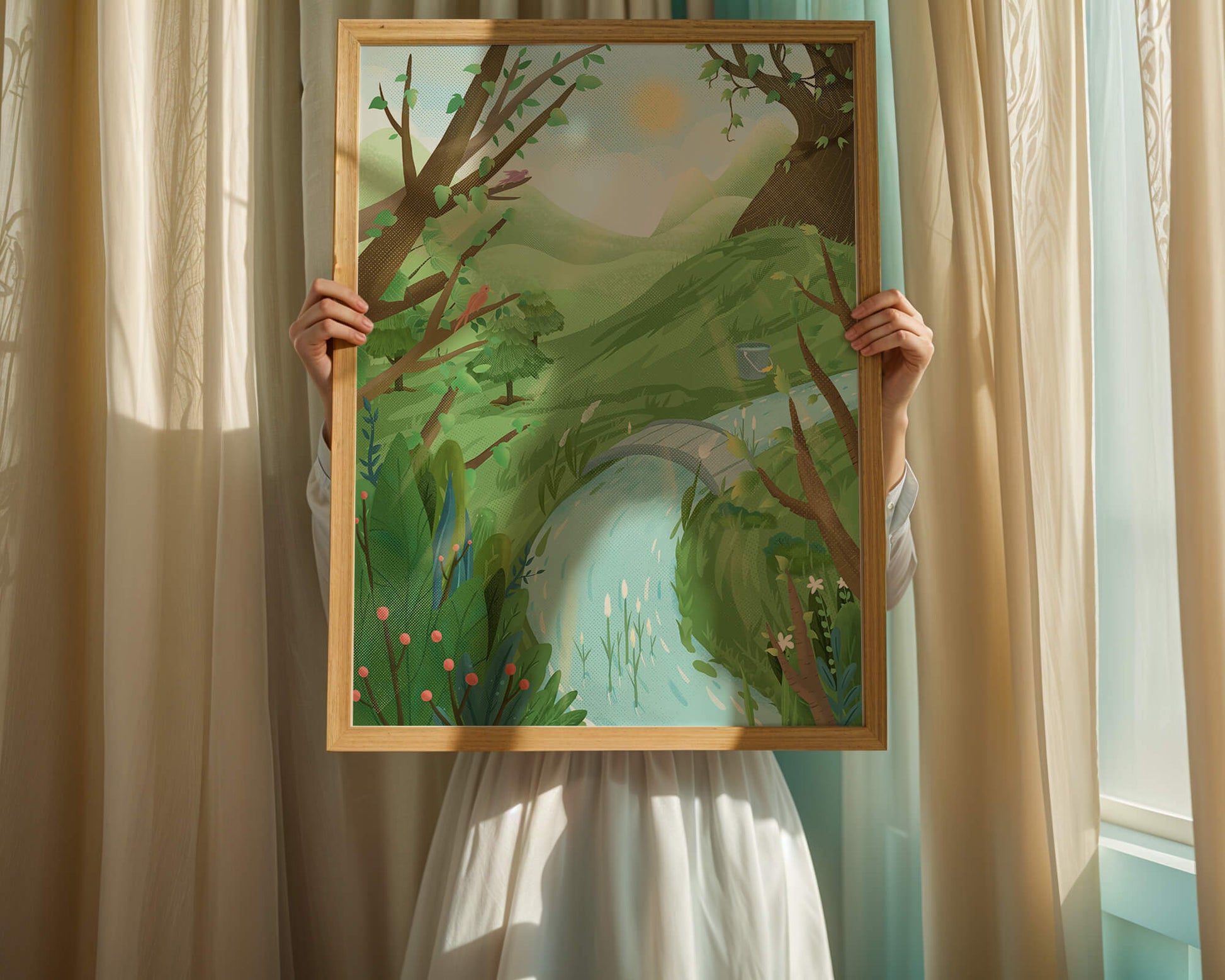 Paisaje sereno con aves y río bajo un cielo soleado