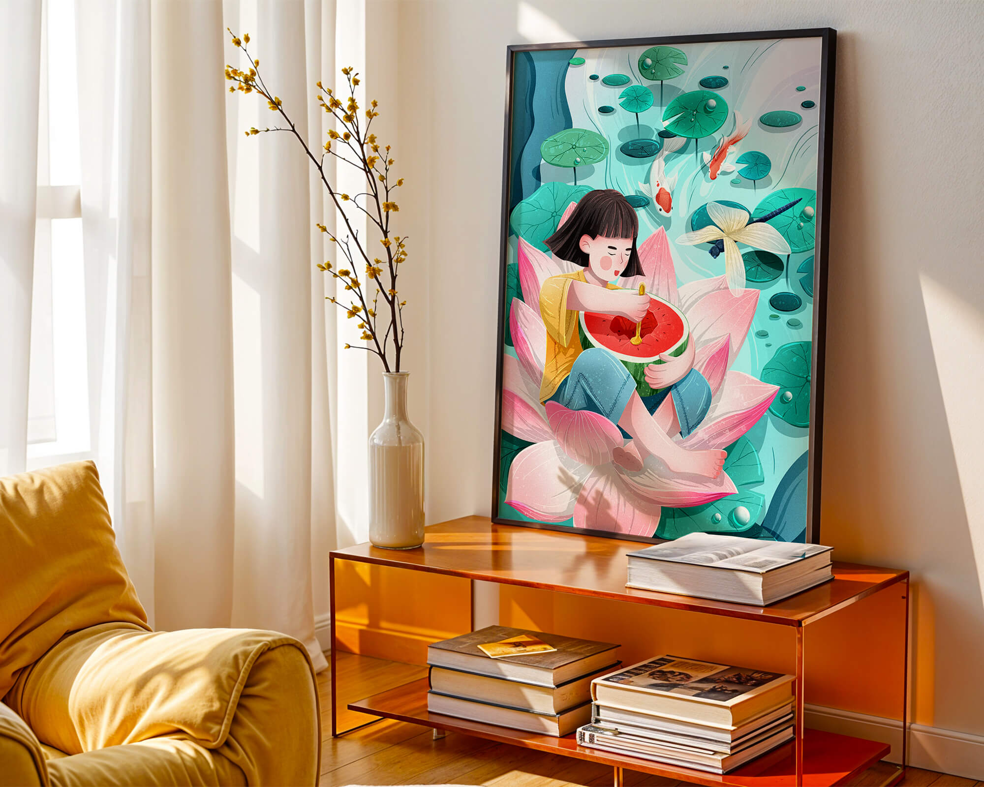Serene illustration of child with watermelon on lotus flower
