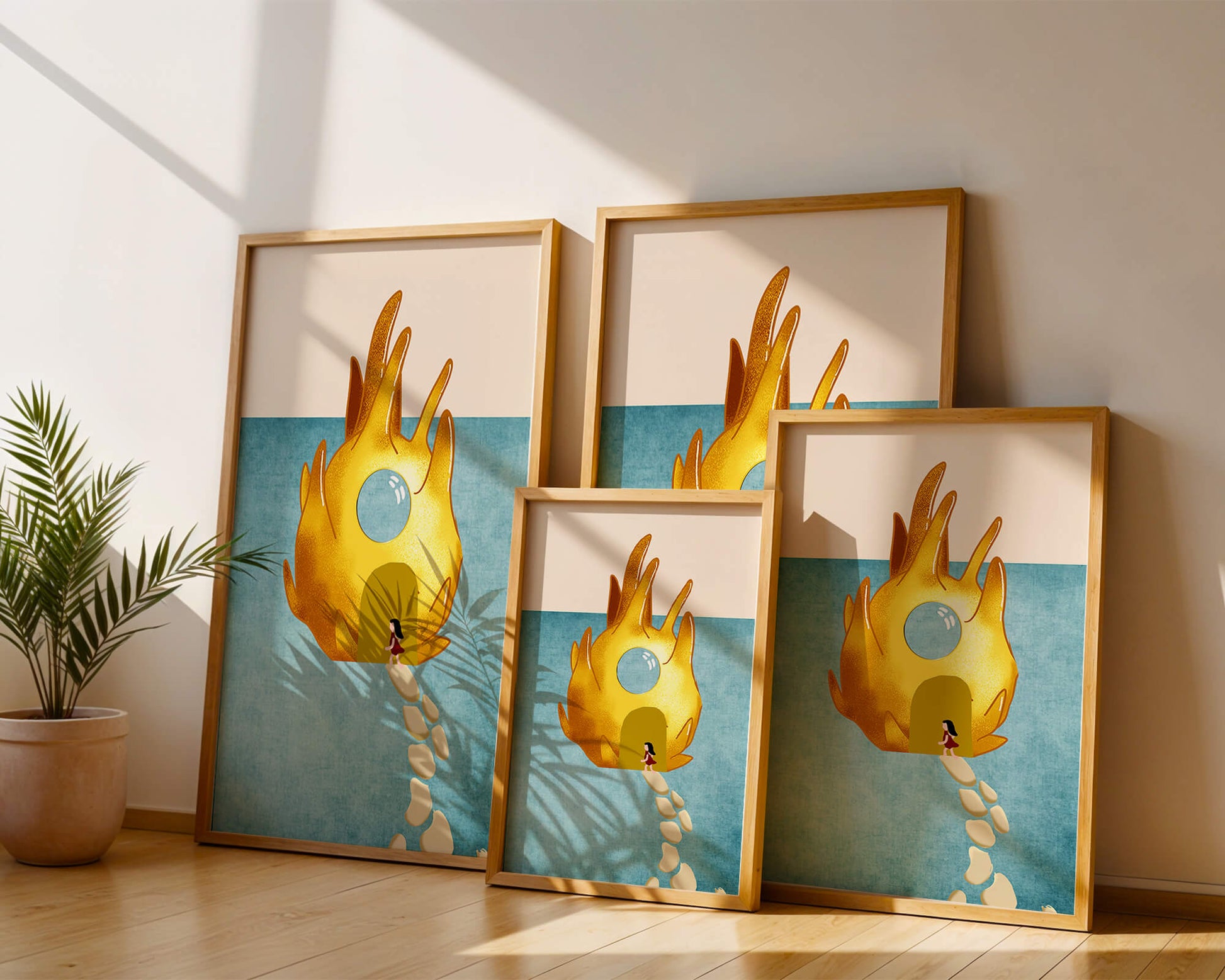 Enchanted House With Golden Flame Shape On Light Blue Background