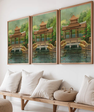 Traditional Japanese Garden Pavilion with Scenic Pond and Lush Greenery