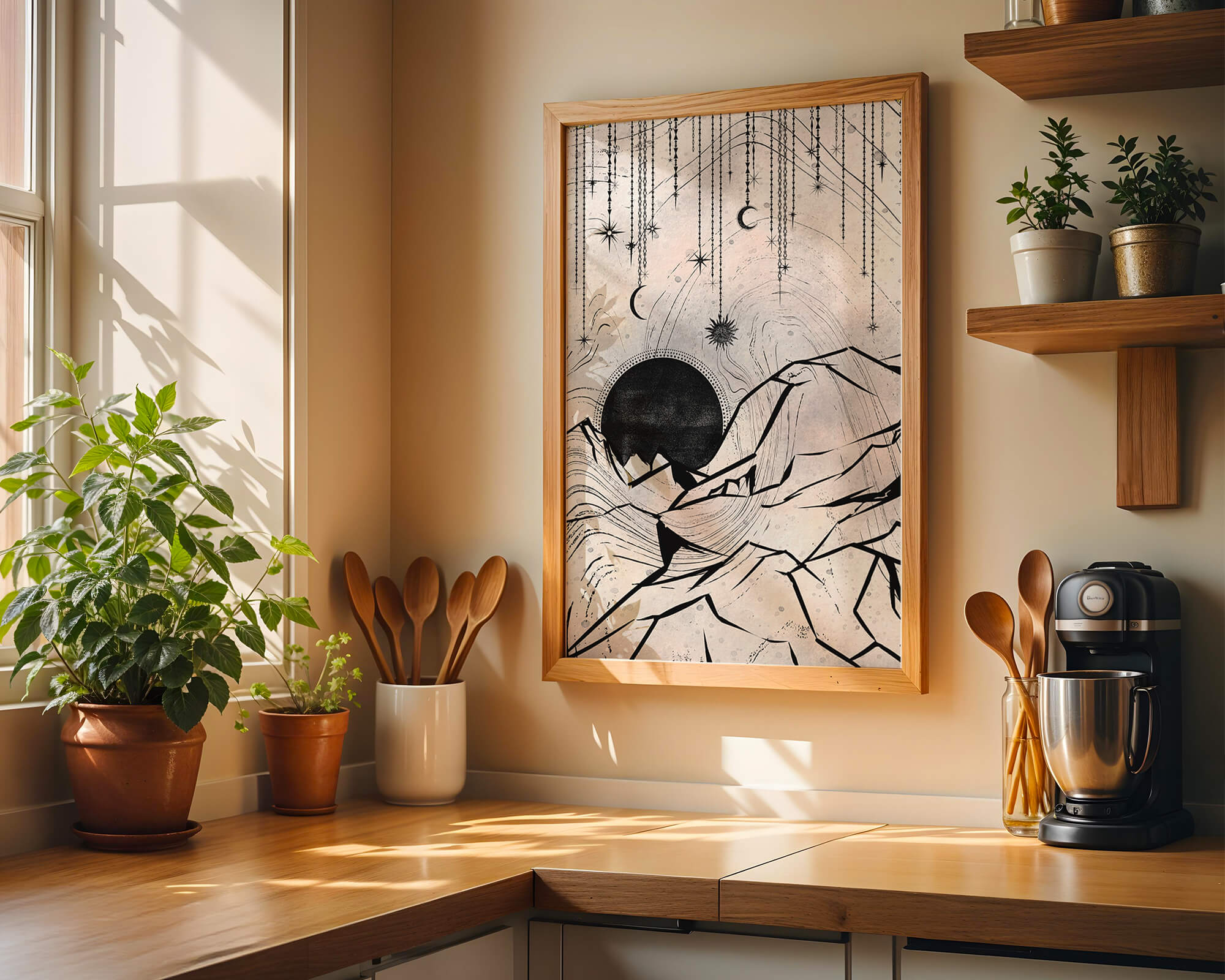 Abstract celestial landscape with mountains and stars