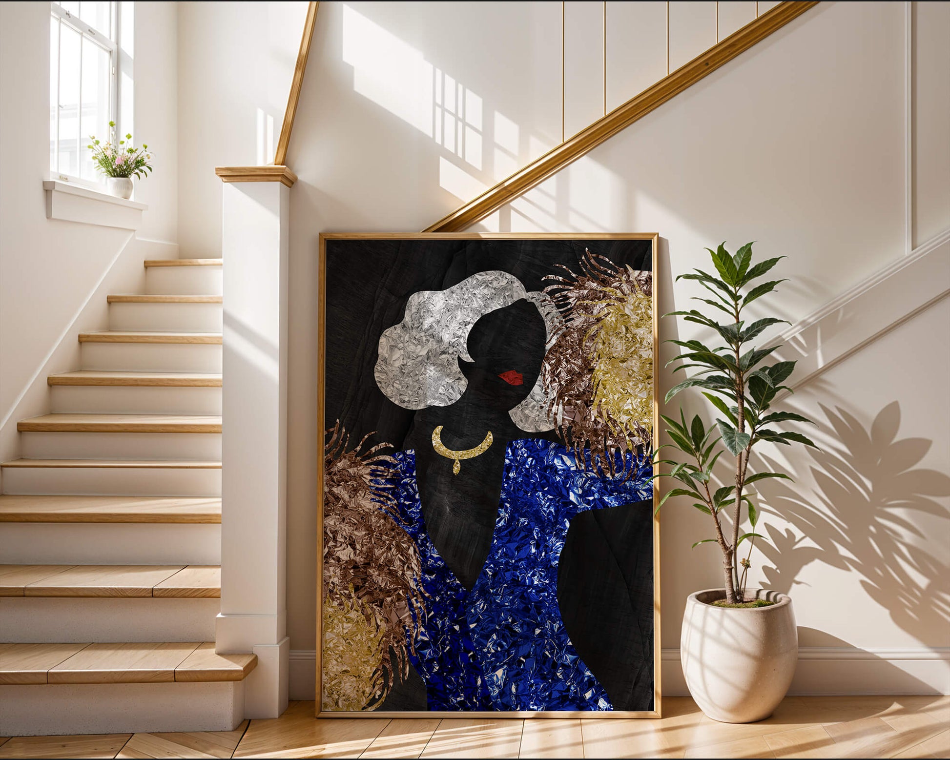 Abstract art with colorful foil textures and silhouette
