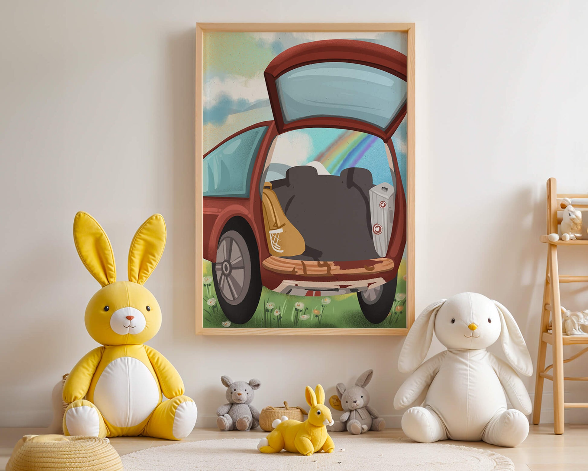 Car Trunk with Picnic Items and Rainbow in Background