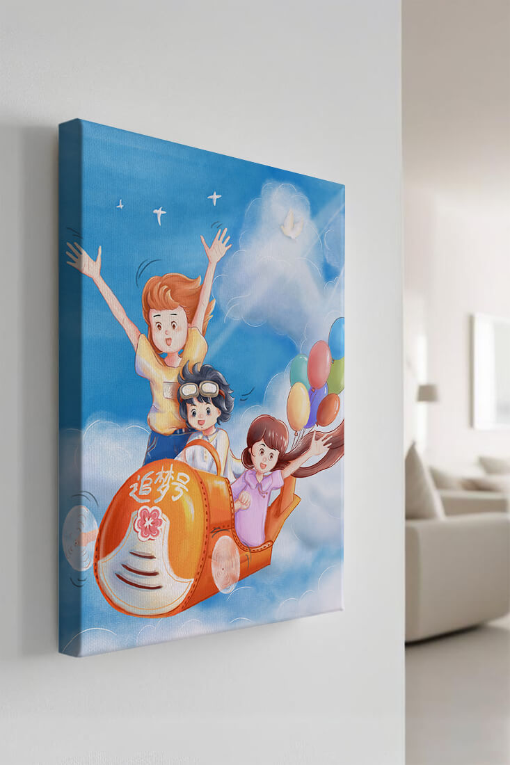 Children's adventure in sky with balloons and playful aircraft