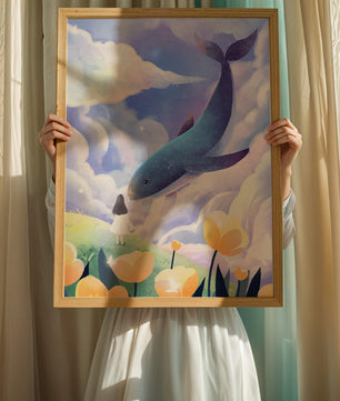 Paisaje surrealista con una ballena gigante y elementos caprichosos